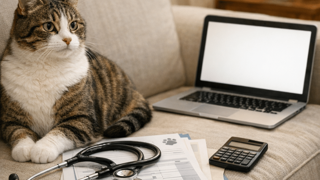 Chat en bonne santé avec documents vétérinaires et calculatrice pour comparer une mutuelle chat