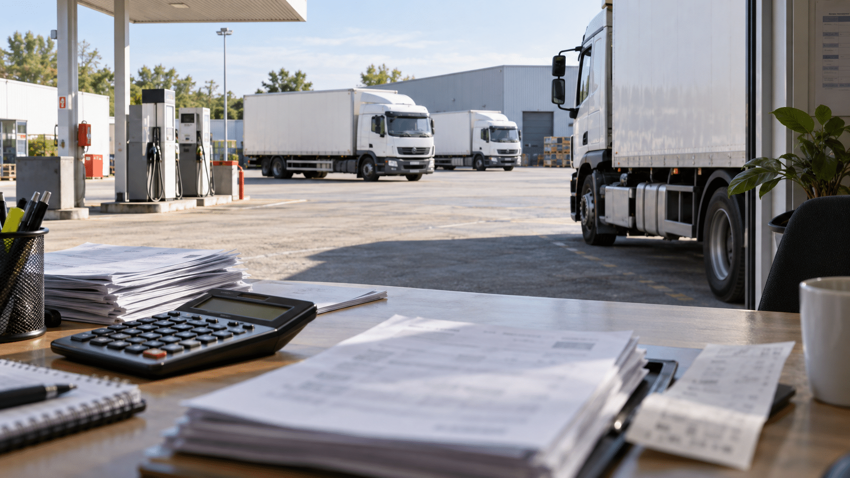 Camions, factures et calculatrice illustrant la trésorerie des transporteurs routiers