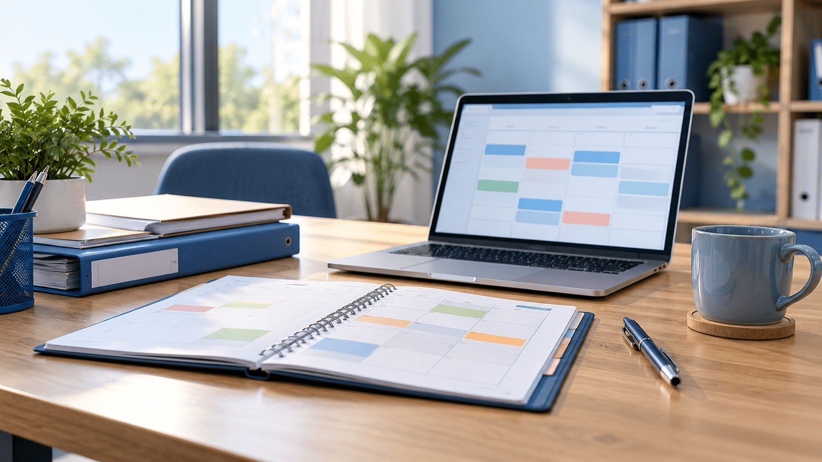 Bureau de PME avec calendrier et planning pour suivre les échéances des arrêts maladie