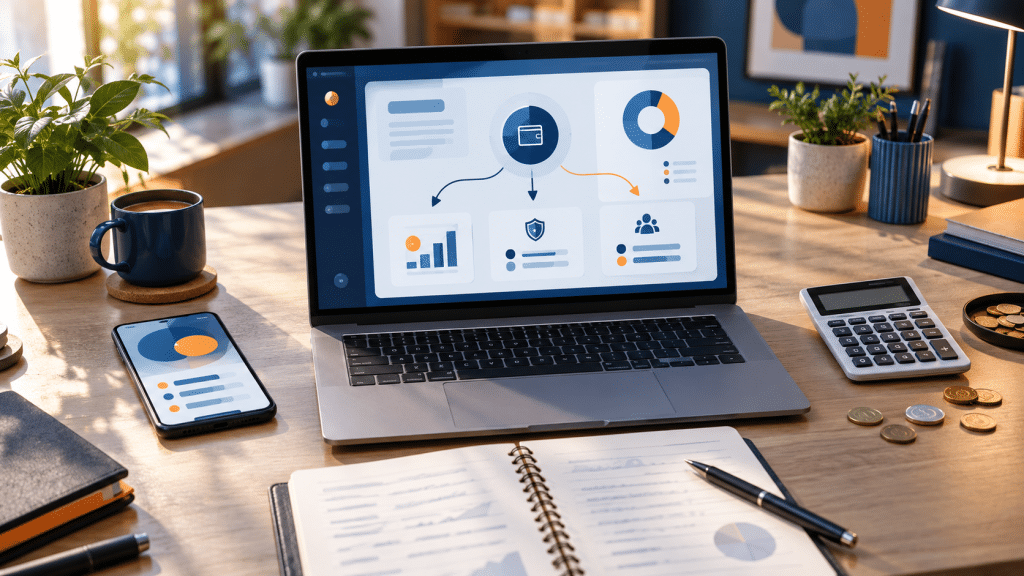 Bureau d’auto-entrepreneur avec tableau de paiements numériques et calculatrice