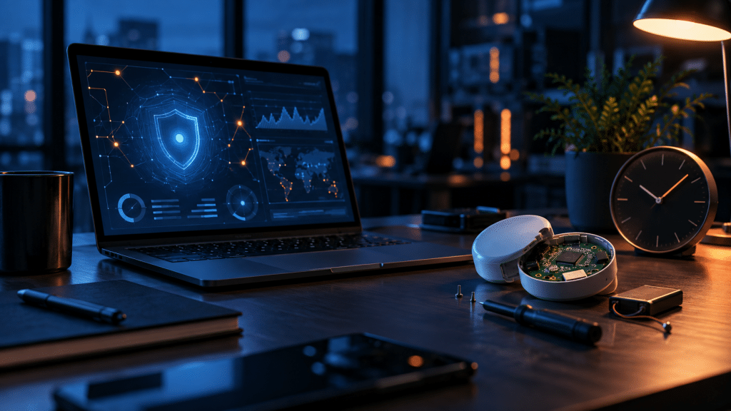 Ordinateur affichant une alerte de cybersécurité près d’un objet connecté et d’une horloge dans une PME