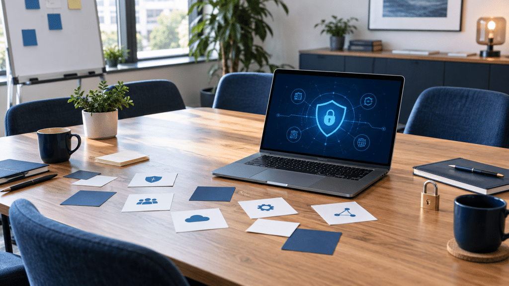Table de réunion avec ordinateur, cartes pédagogiques et cadenas pour un atelier de cybersécurité en PME