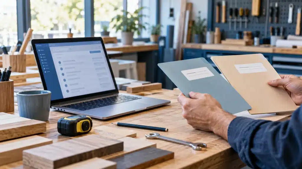 Artisan vérifiant son futur code APE sur un ordinateur dans son atelier
