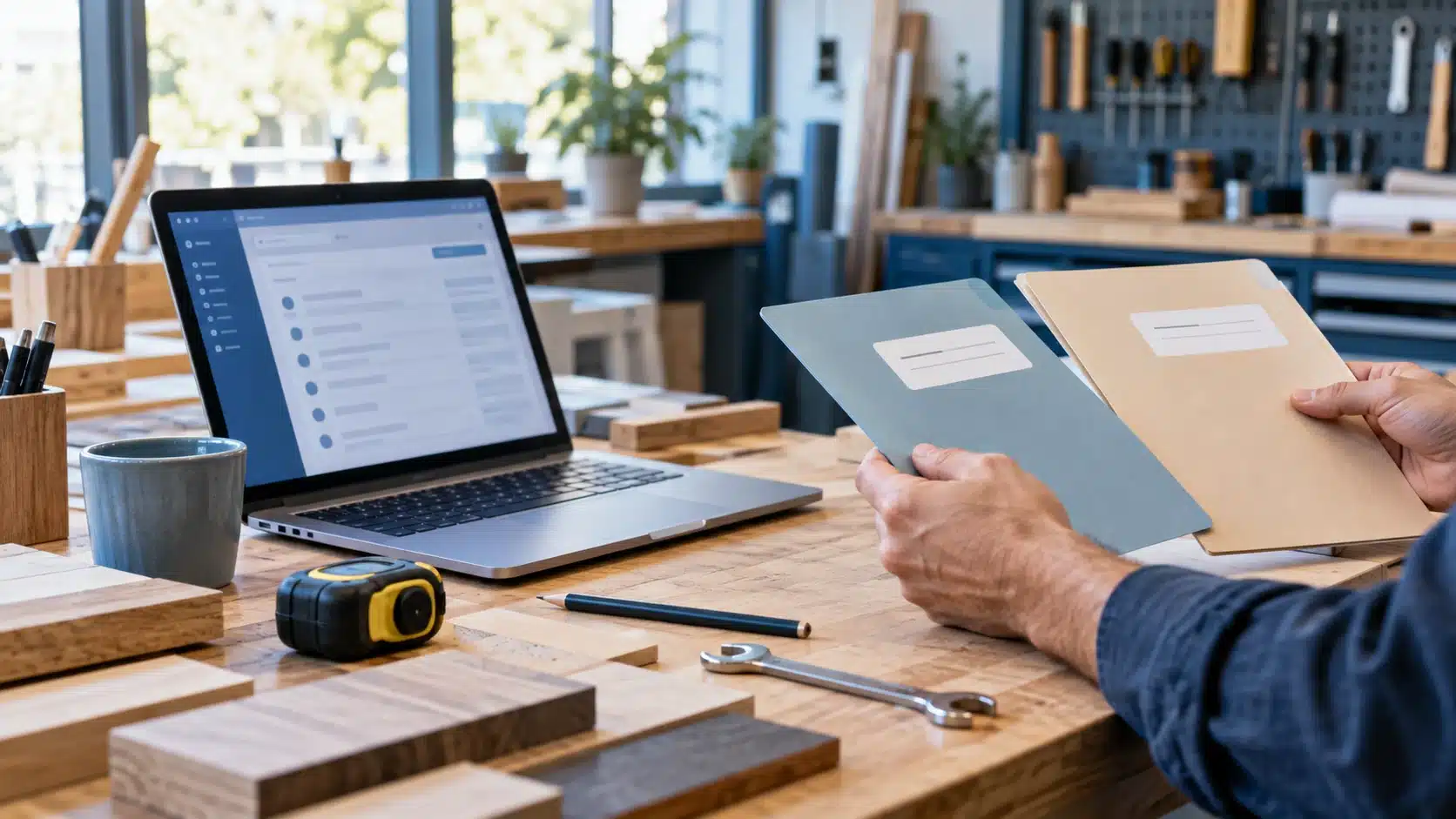 Artisan vérifiant son futur code APE sur un ordinateur dans son atelier