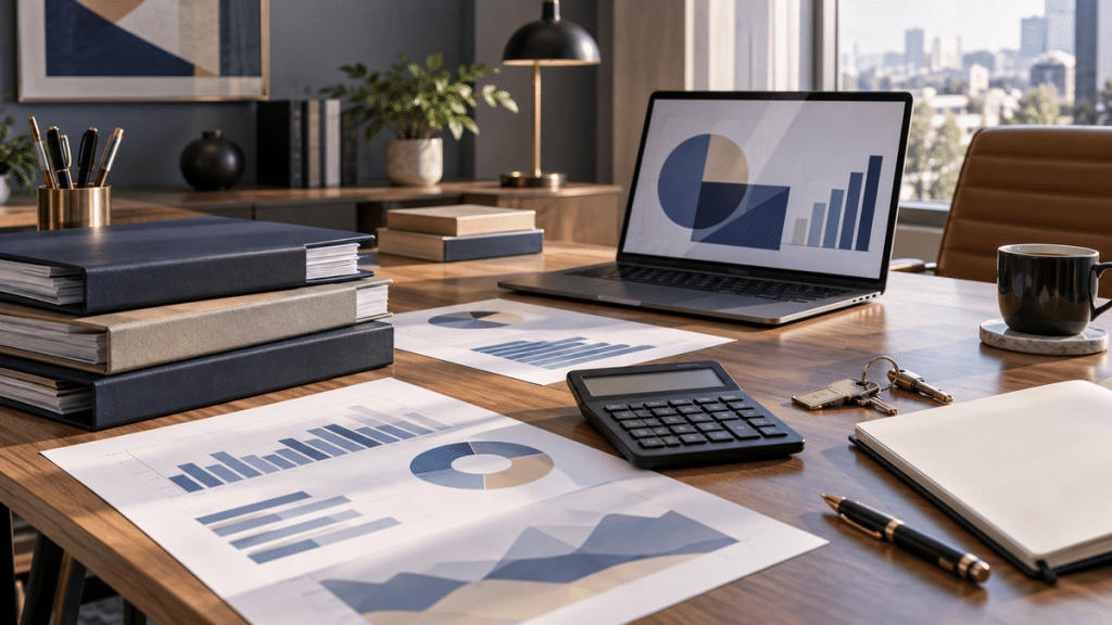 Bureau avec dossiers financiers, graphiques, calculatrice et clés pour préparer la reprise d’une PME
