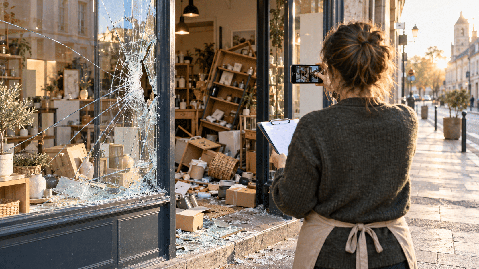 Commerçante photographiant les dégâts devant la vitrine brisée de sa boutique
