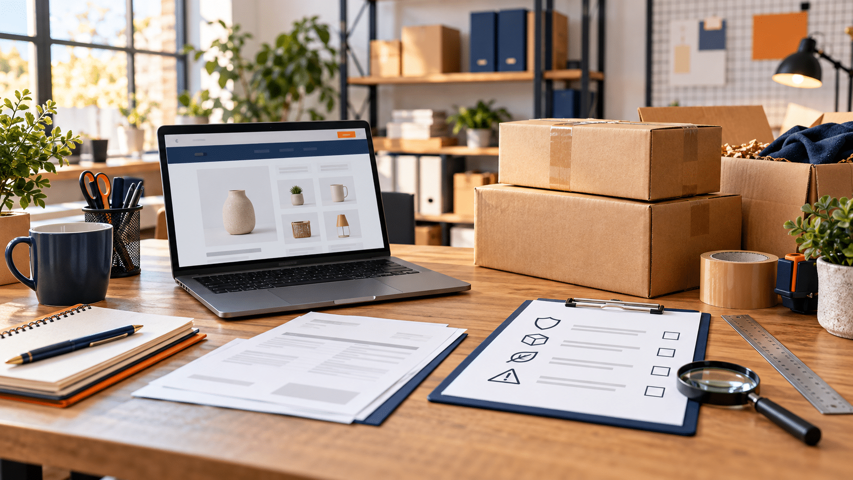 Bureau d’une petite boutique en ligne avec ordinateur, colis et checklist de conformité