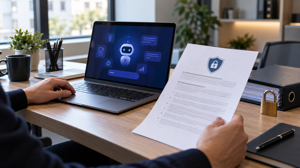 Dirigeant de PME consultant une charte informatique devant un outil d’intelligence artificielle