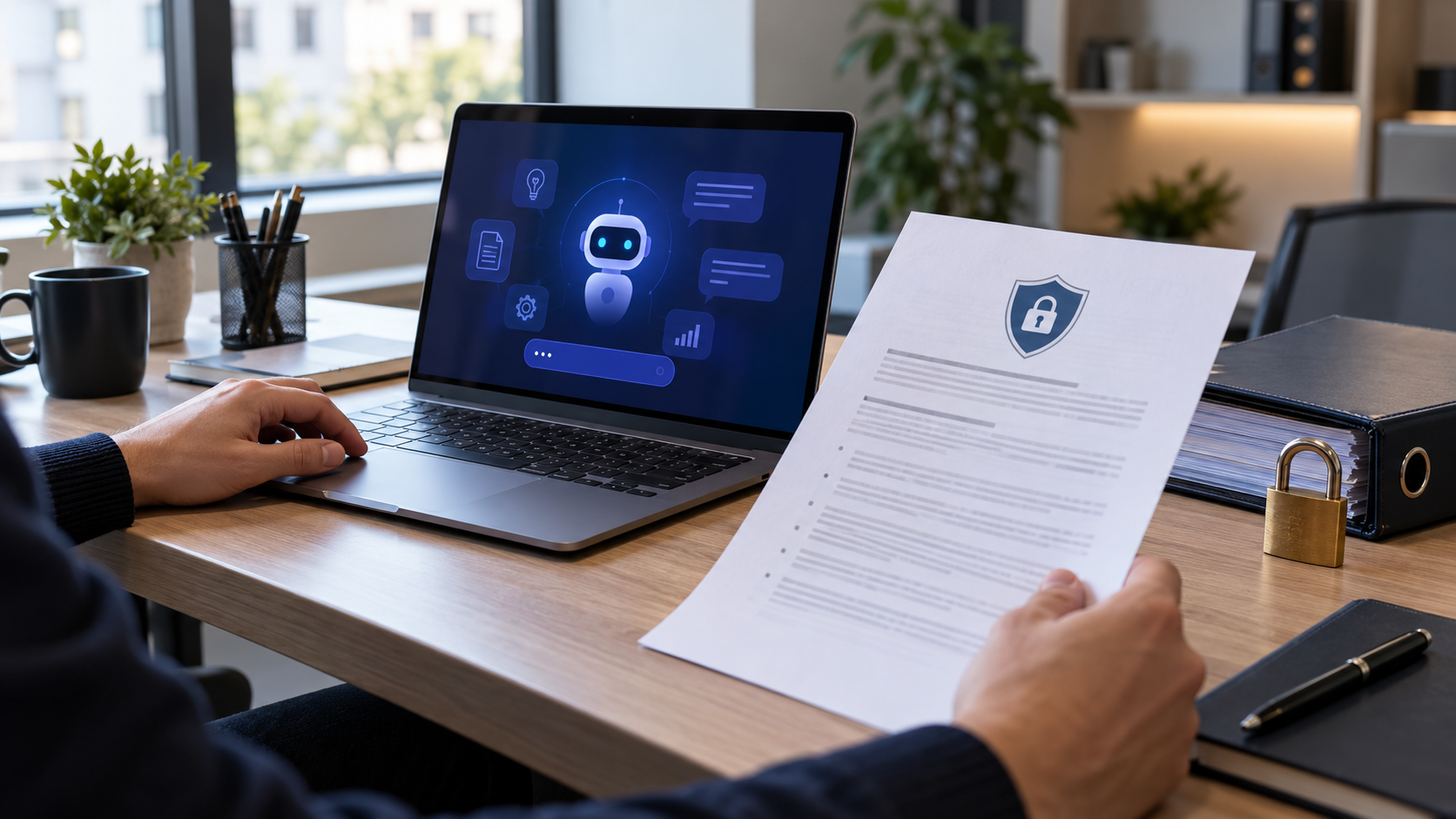 Dirigeant de PME consultant une charte informatique devant un outil d’intelligence artificielle
