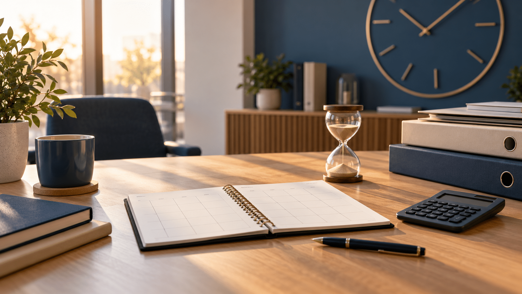 Bureau de PME avec calendrier vierge, sablier, dossiers et horloge illustrant le compte épargne-temps