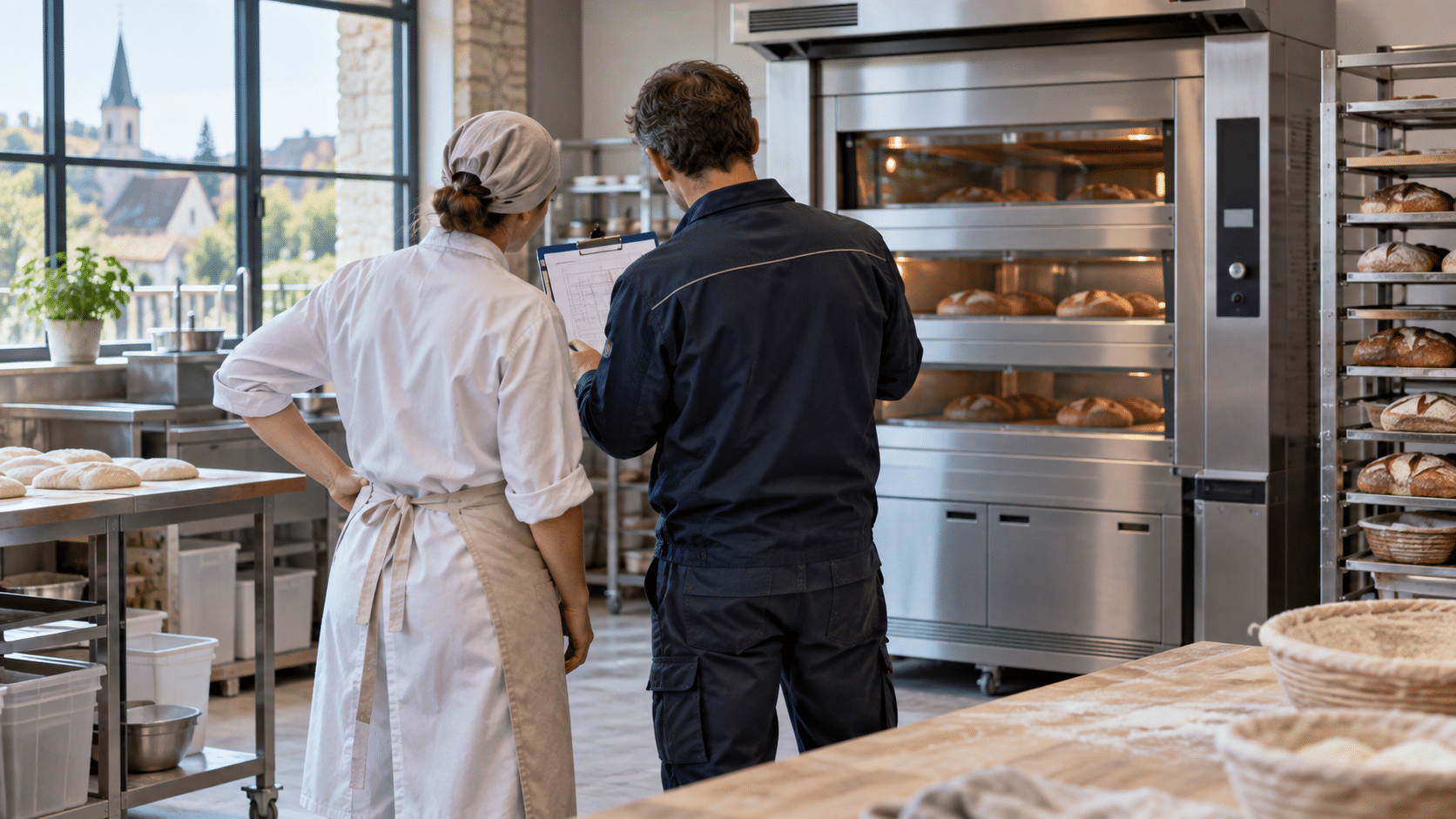 Artisane et technicien examinant un four électrique dans un atelier de boulangerie