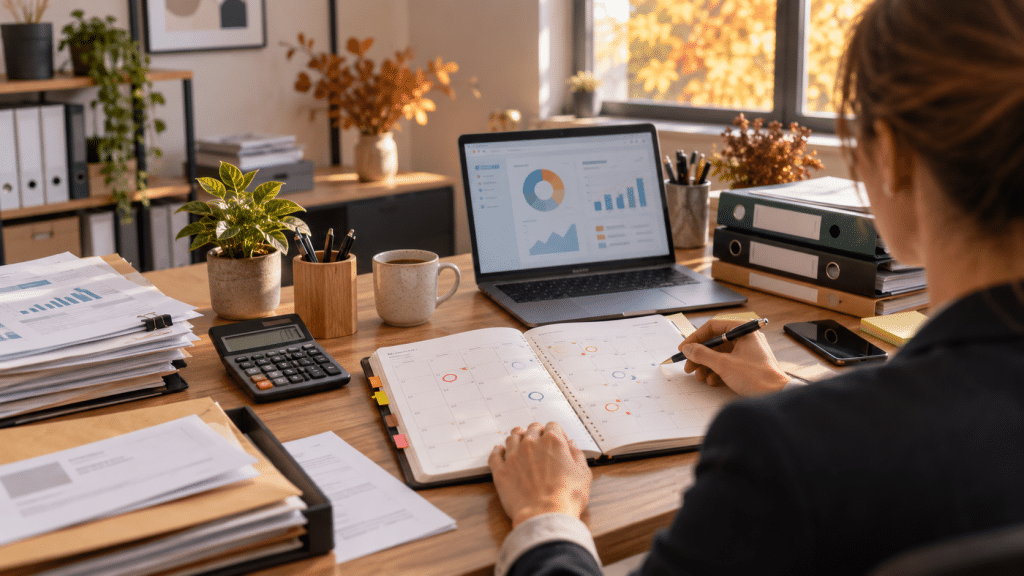 Dirigeante de PME vérifiant un calendrier administratif et des documents comptables sur son bureau