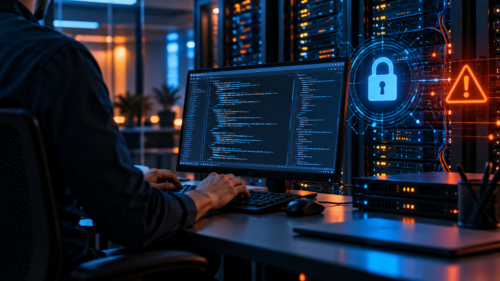 Responsable informatique contrôlant la sécurité d’un serveur et le code d’un site de PME