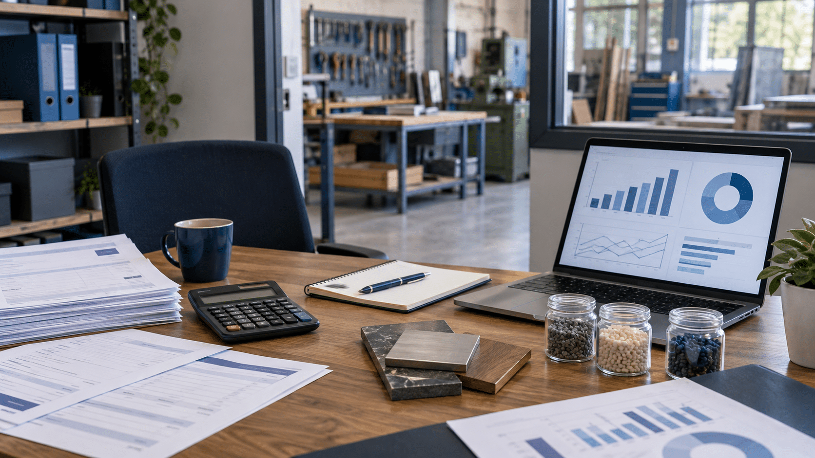 Bureau de petite entreprise avec calculatrice, devis, graphiques et échantillons de matières premières