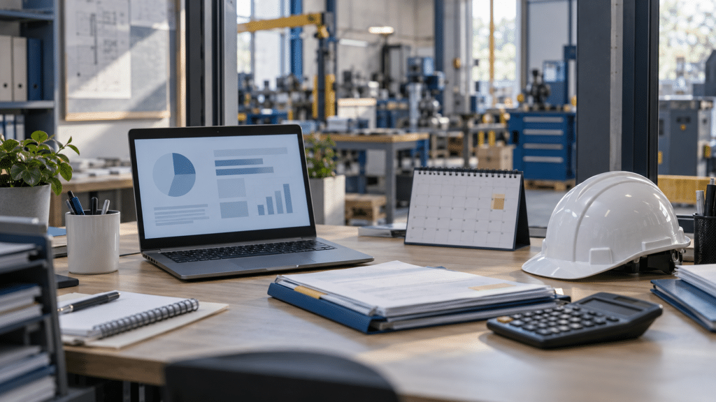 Bureau de gestion de paie dans une PME avec ordinateur, calendrier, calculatrice et casque de chantier