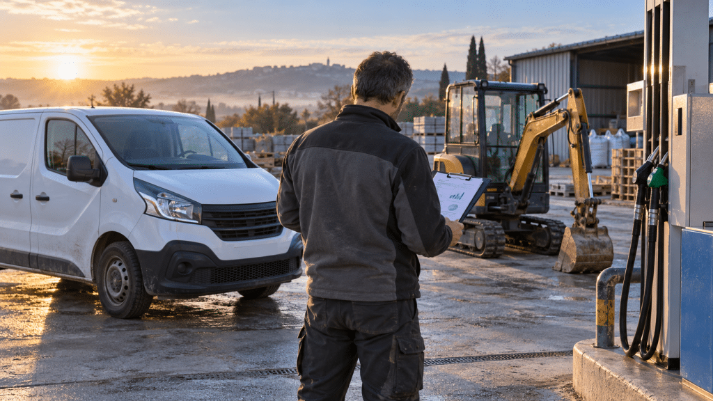 Dirigeant de PME examinant sa trésorerie près d’un utilitaire et d’une mini-pelle à la pompe
