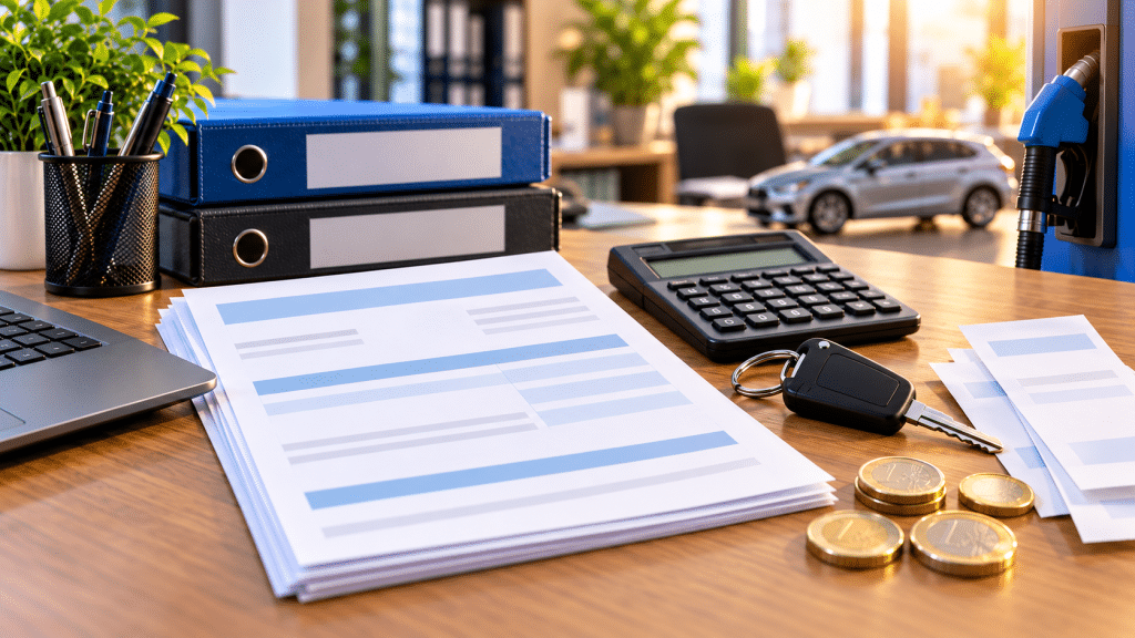 Bureau de PME avec documents de paie abstraits, calculatrice, clé de voiture et pompe à carburant
