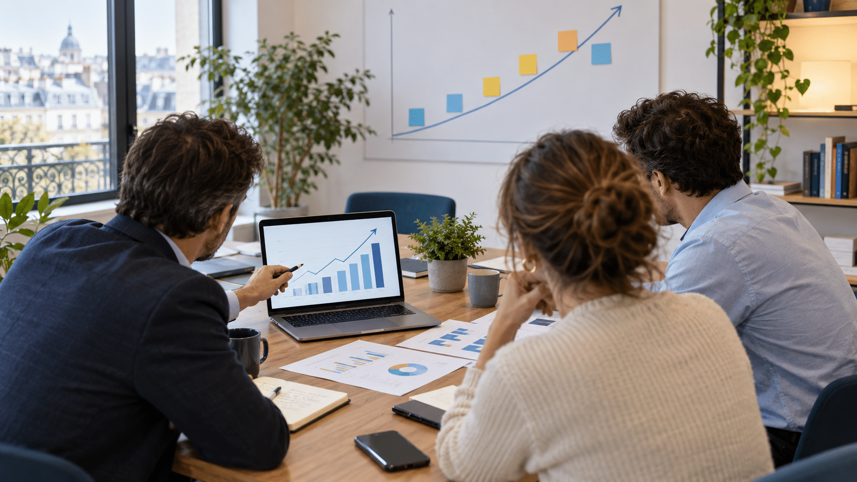 Dirigeants de PME examinant un plan de croissance et des indicateurs en réunion