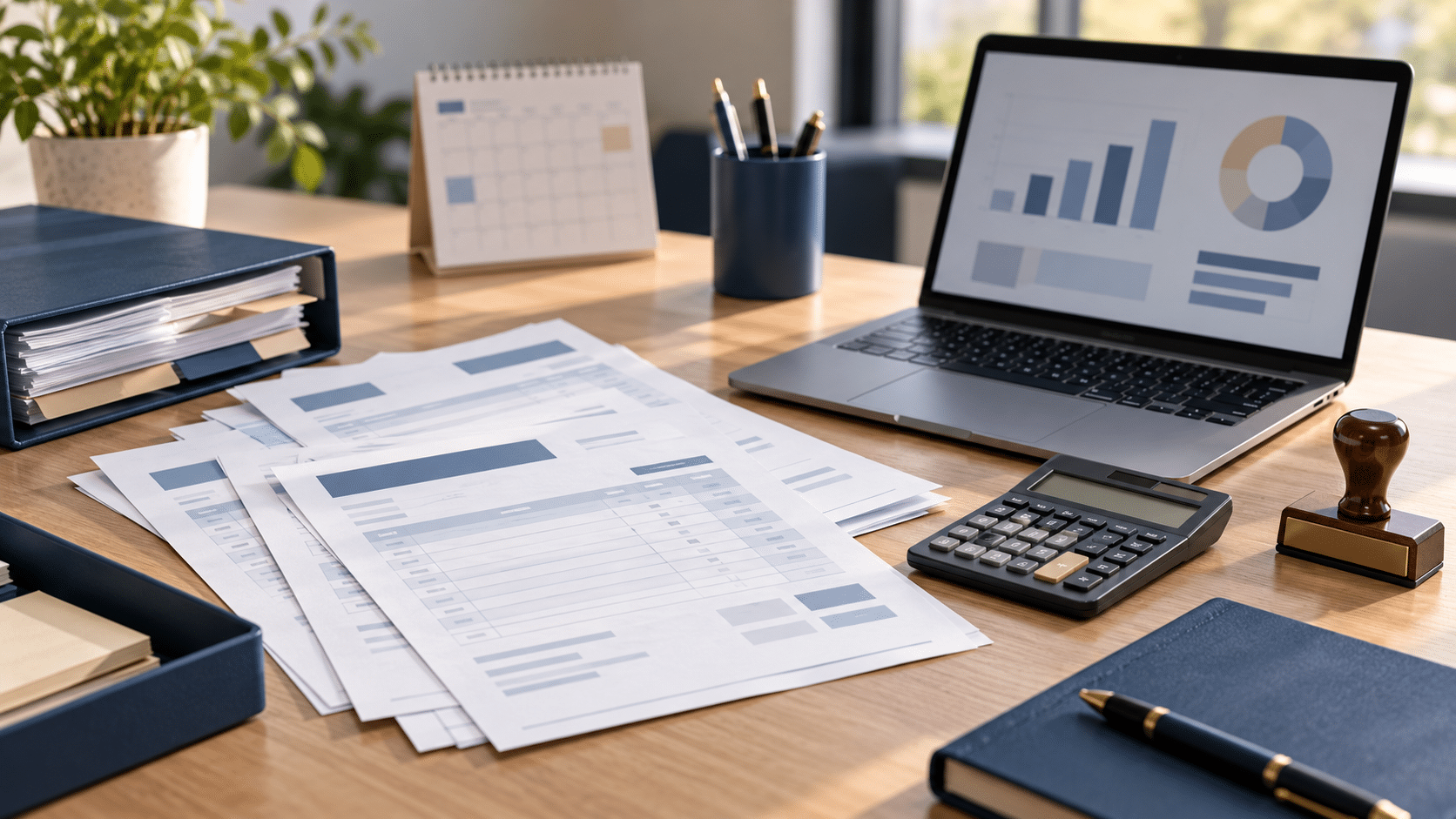 Bureau de gestion avec factures commerciales, calculatrice et tableau de suivi des impayés