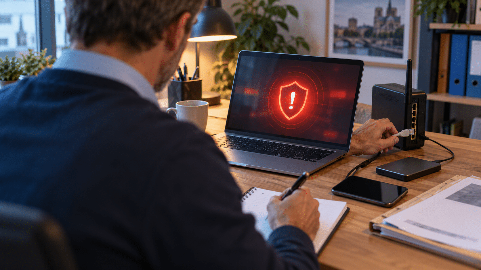 Dirigeant de PME isolant un routeur après une alerte de cybersécurité sur son ordinateur